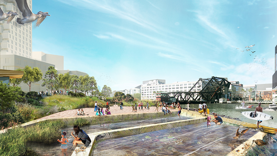Tidal terraces incorporated in a new waterfront design for China Basin acknowledge rising seas. Rendering: Tishman Speyer, Scape