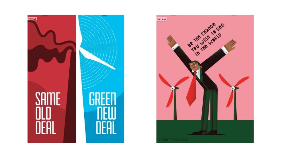 two Green New Deal posters in bright colors showing windmills