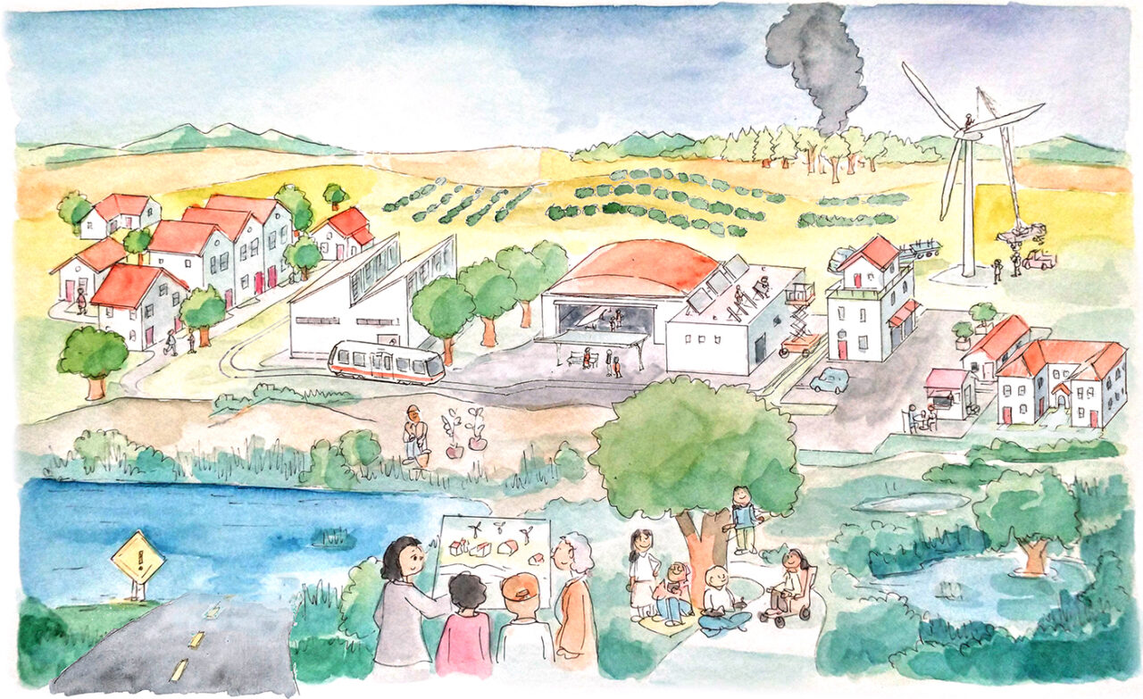 Watercolor-style illustration of a farmland community and river with people beneath a tree and on a hillside.