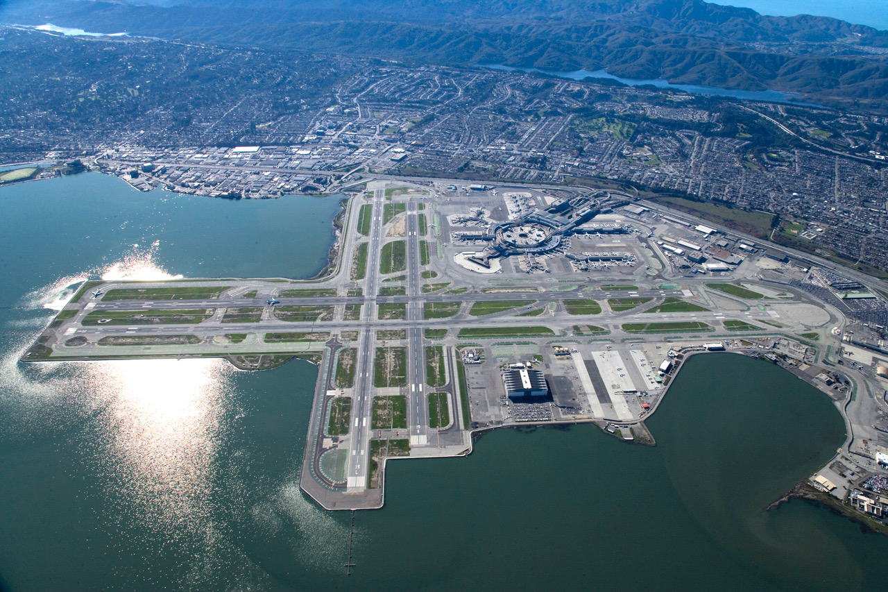 Aerial view of San Francisco International Airport.