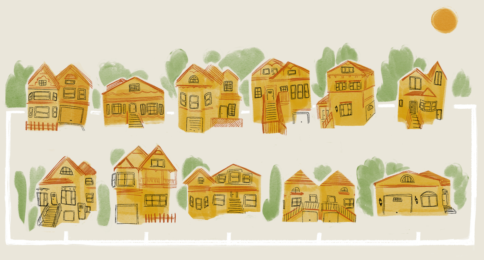 drawing of houses on a block