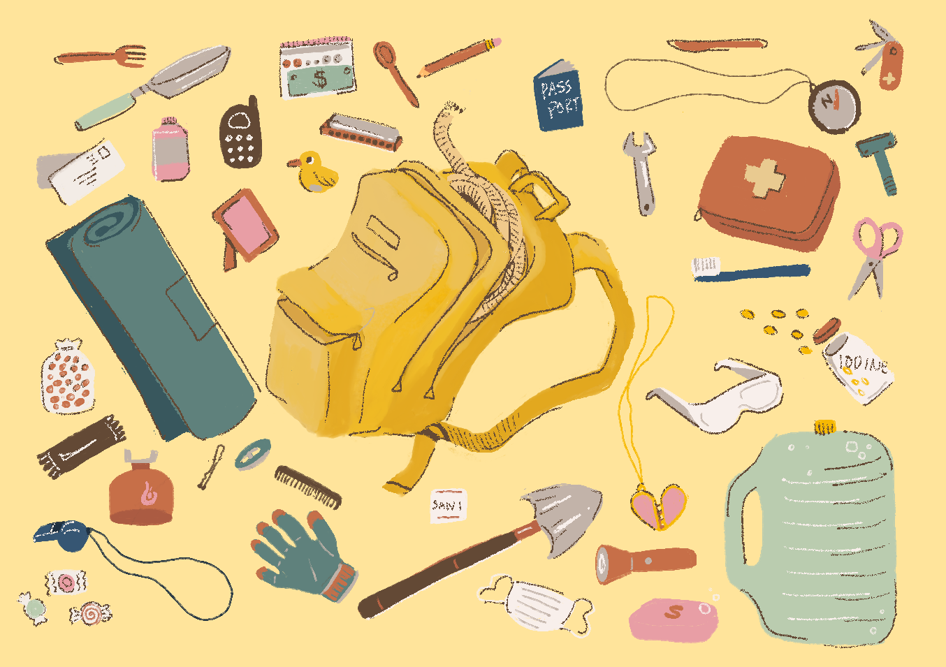Go-bag items. Art: Sachi Mulkey.