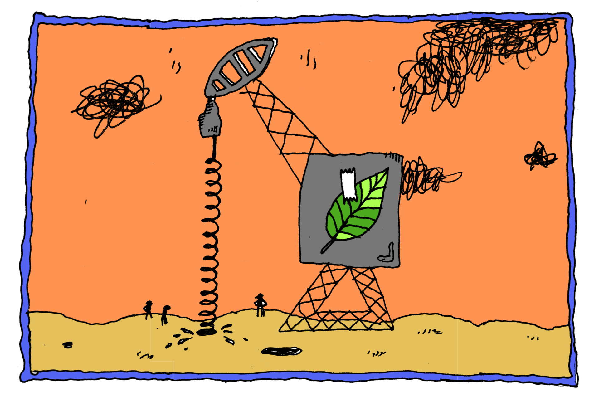 Cartoon of oil rig with green band-aid by Liana Finck.
