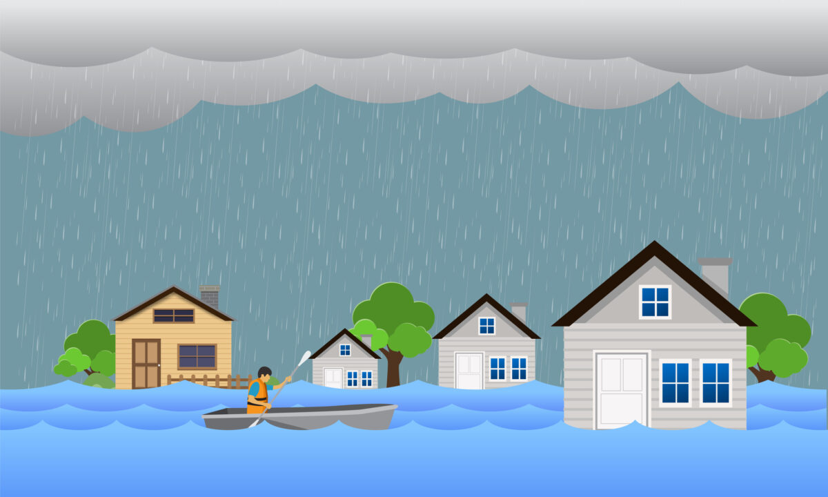 Flood natural disaster with house, heavy rain and storm , damage with home, flooding water in city