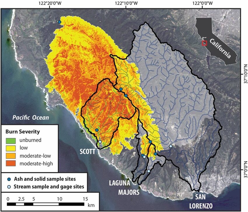 The 2020 CZU Lightning Complex Wildfire burn area The 2020 CZU Lightning Complex Wildfire burn area. Map: Richardson et al. 2024