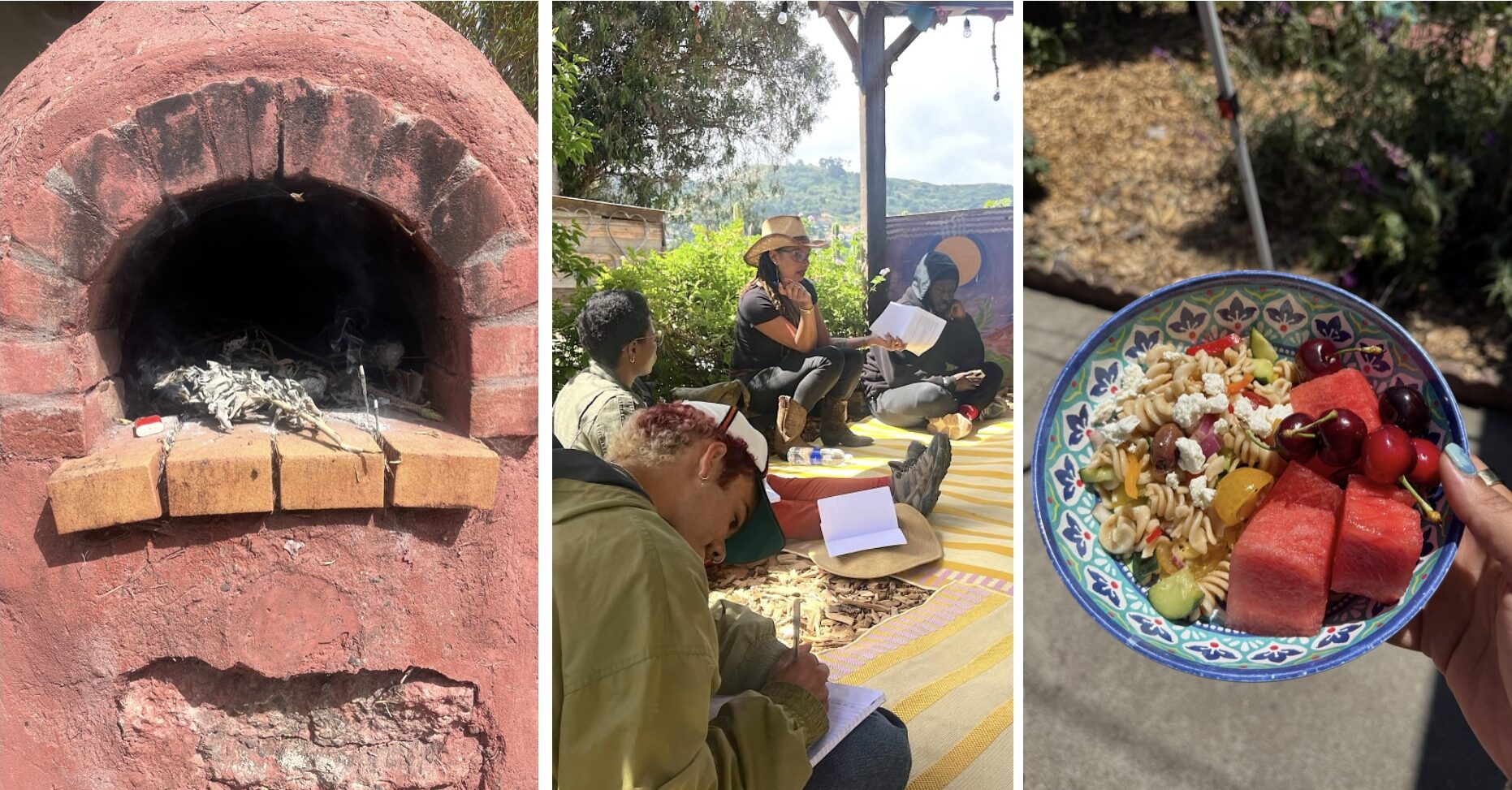 Burning sage, gathering for a lesson, lunch.
