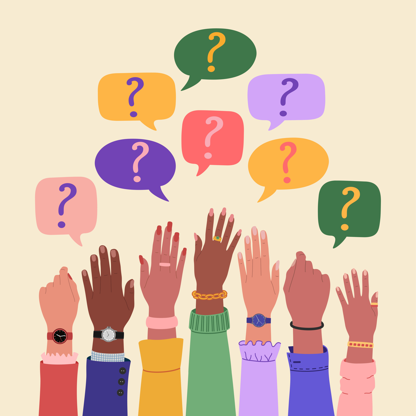 hands raised with question marks in air