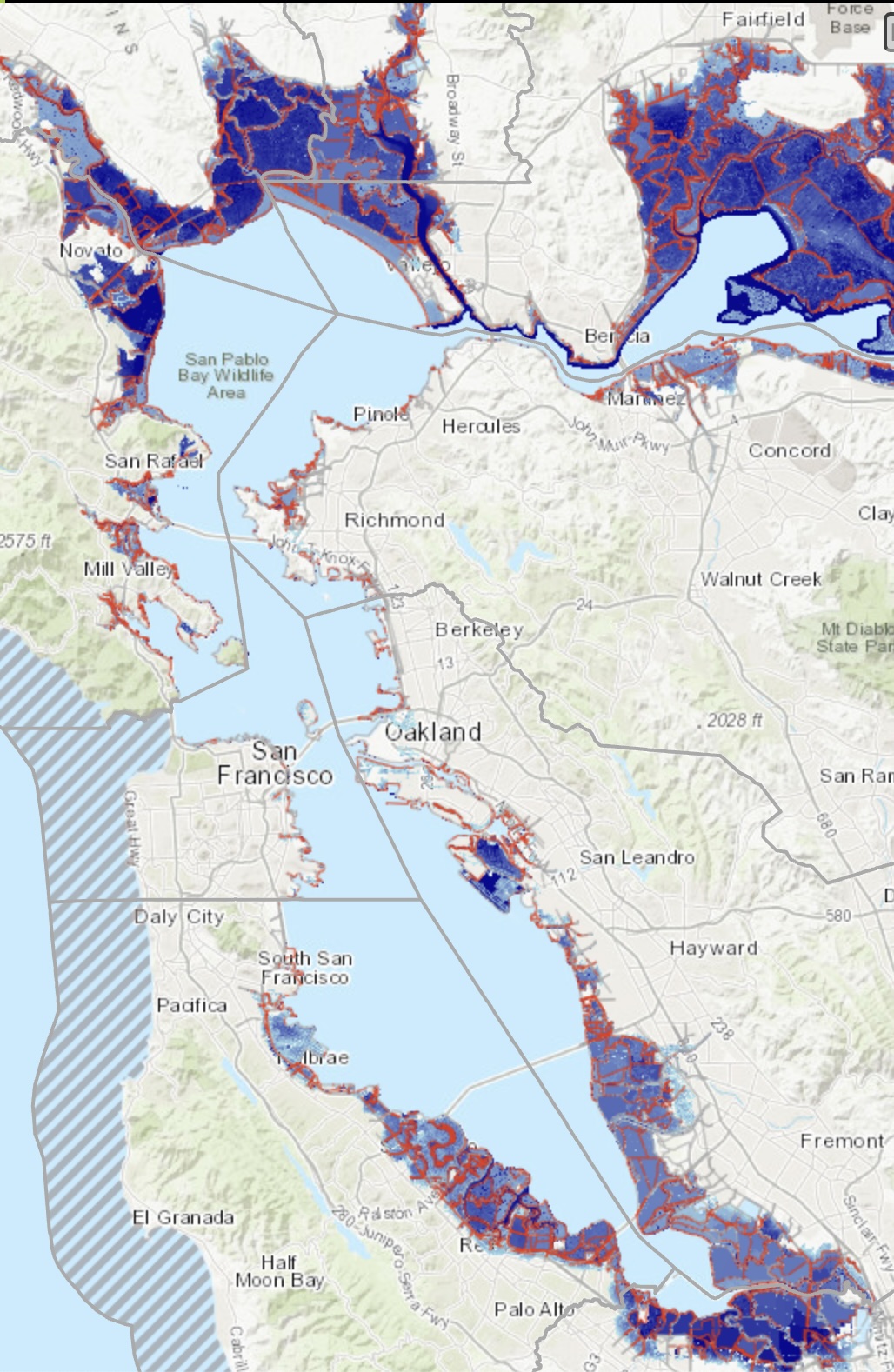 atlasregionalmaps Map of 36 inches of sea level rise in SF Bay Area.
