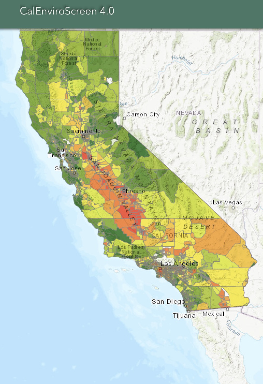 map CalEnviroScreen map of degree of pollution and health risk, and inequity in California.