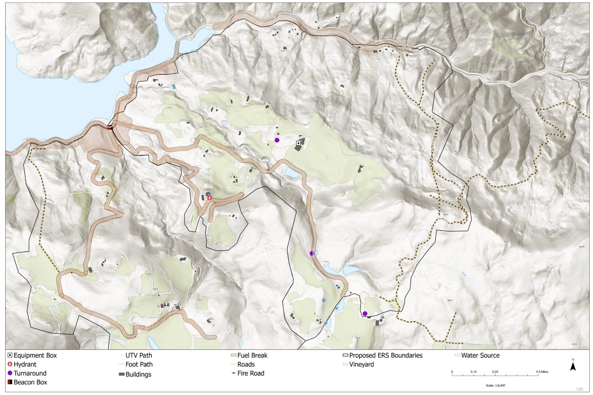 Enhanced resilience site example of elements.  Map: Firewise