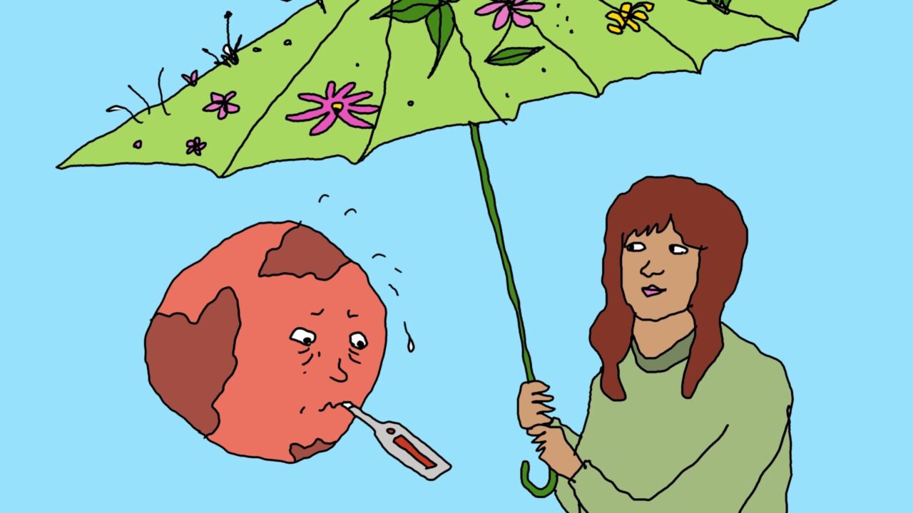 Illustration of woman with umbrella and hot earth.