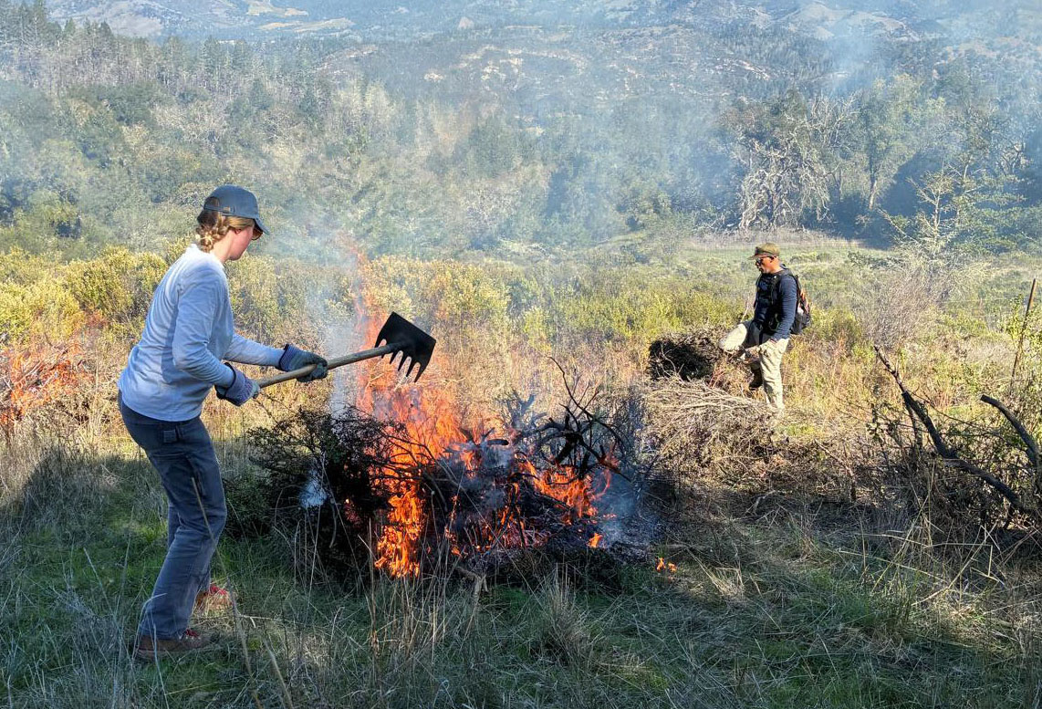 Crealock and McCarthy at a local stable near Fairfax, where beloved horses remain at risk in a fast-moving fire. 
