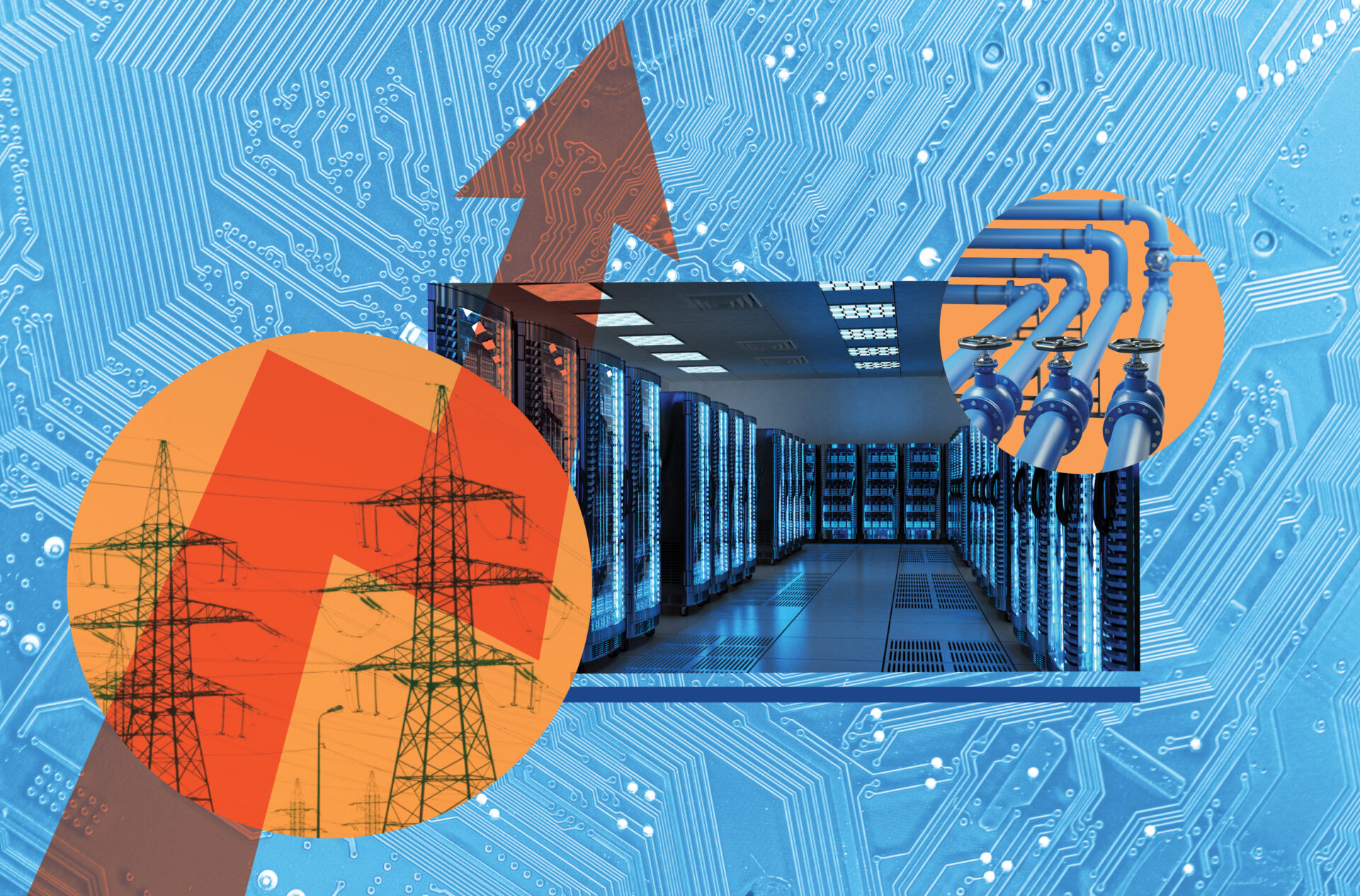 A collage shows water pipes and power lines next to the inside of a data center with computer servers.