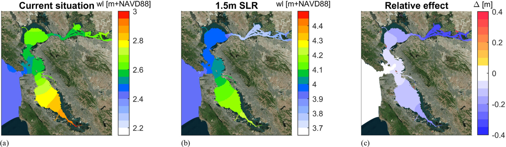Three maps showing flood threat levels from sea level rise