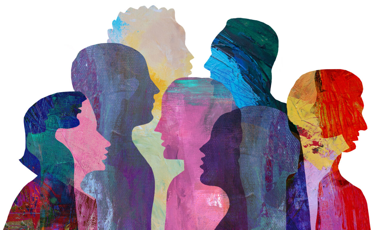 Illustration of group of different people in bright colors.