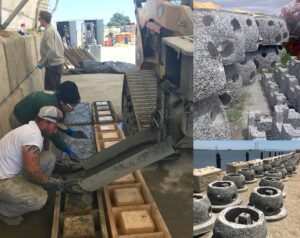 On the left: Two workers wearing gloves and hats direct baycrete from a concrete mixer into a molding shell. On the top right: reef balls made out of baycrete, with rough gravely surfaces and holes cut out for oysters and other marine flora and fauna to rest in. Bottom right: The resulting baycrete formations