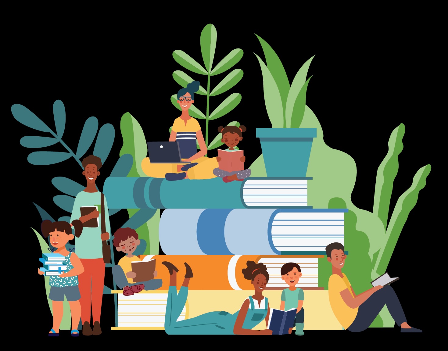 Graphic of students with books and greenery. Art: GSNN_HeroGraphic