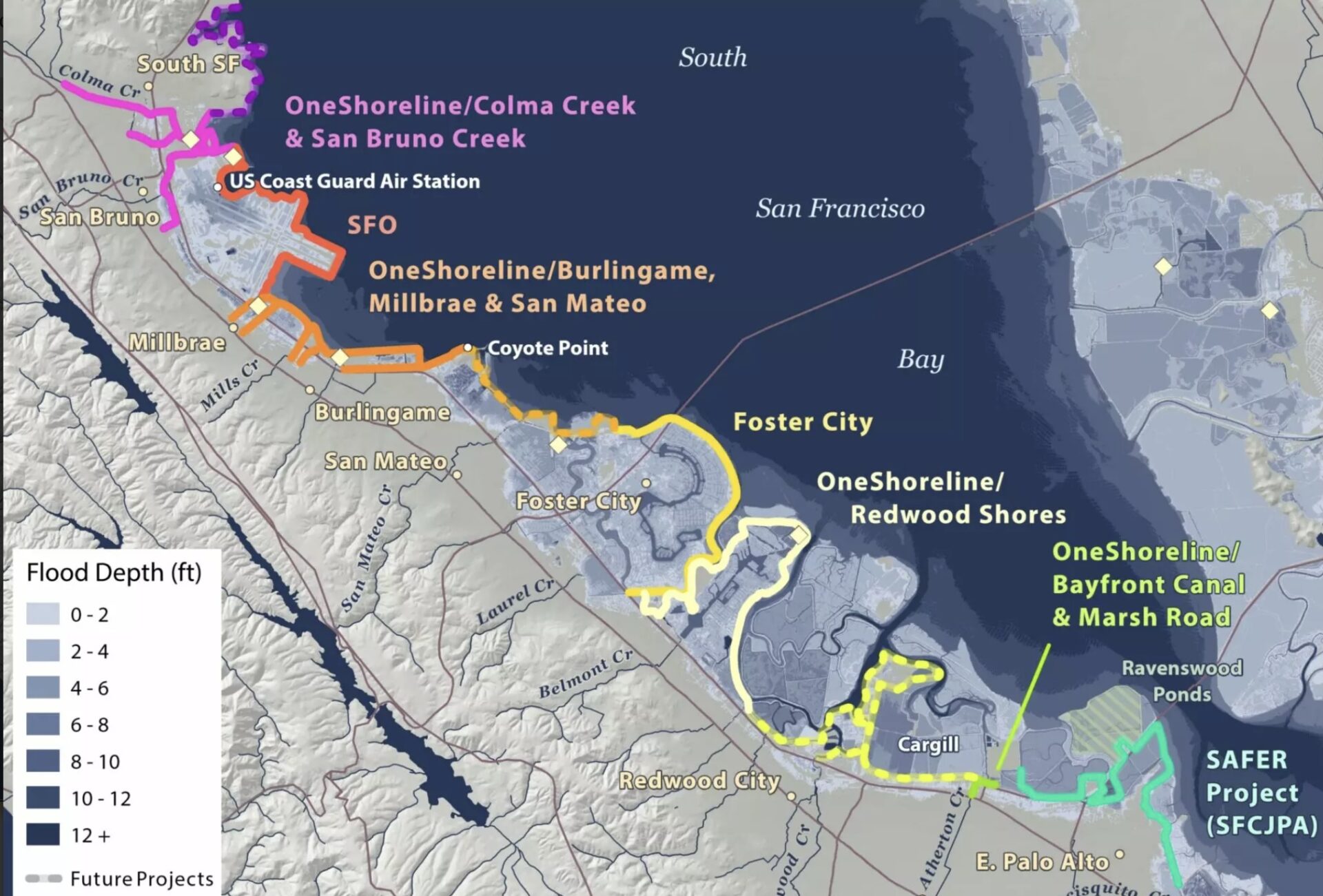 map of flood risk projects along san mateo county shoreline.