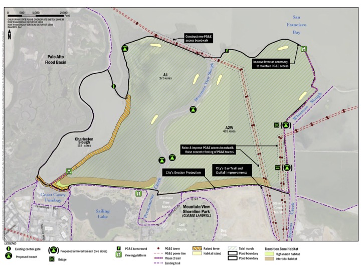 A map showing different components of a tidal marsh restoration project in Mountain View. 