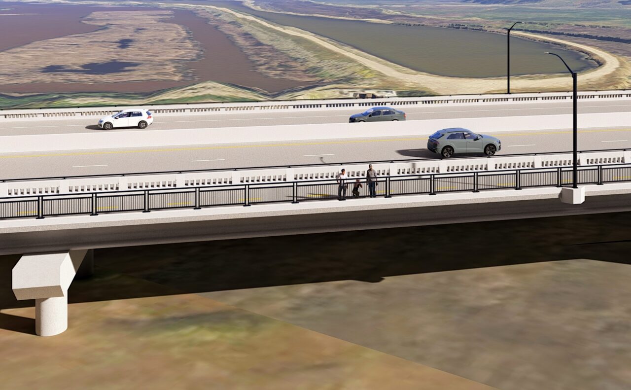 A rendering showing a highway elevated over marshland, with three cars shown and three people walking on the side looking at the marsh.