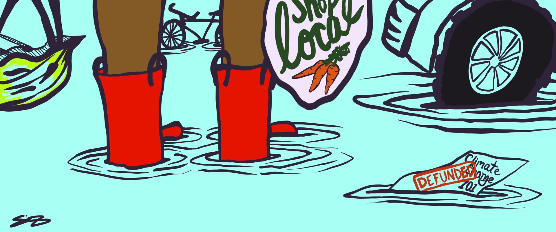 Illustration of someone's boots in ankle-deep water. You can see a swamped car and bike in the background.