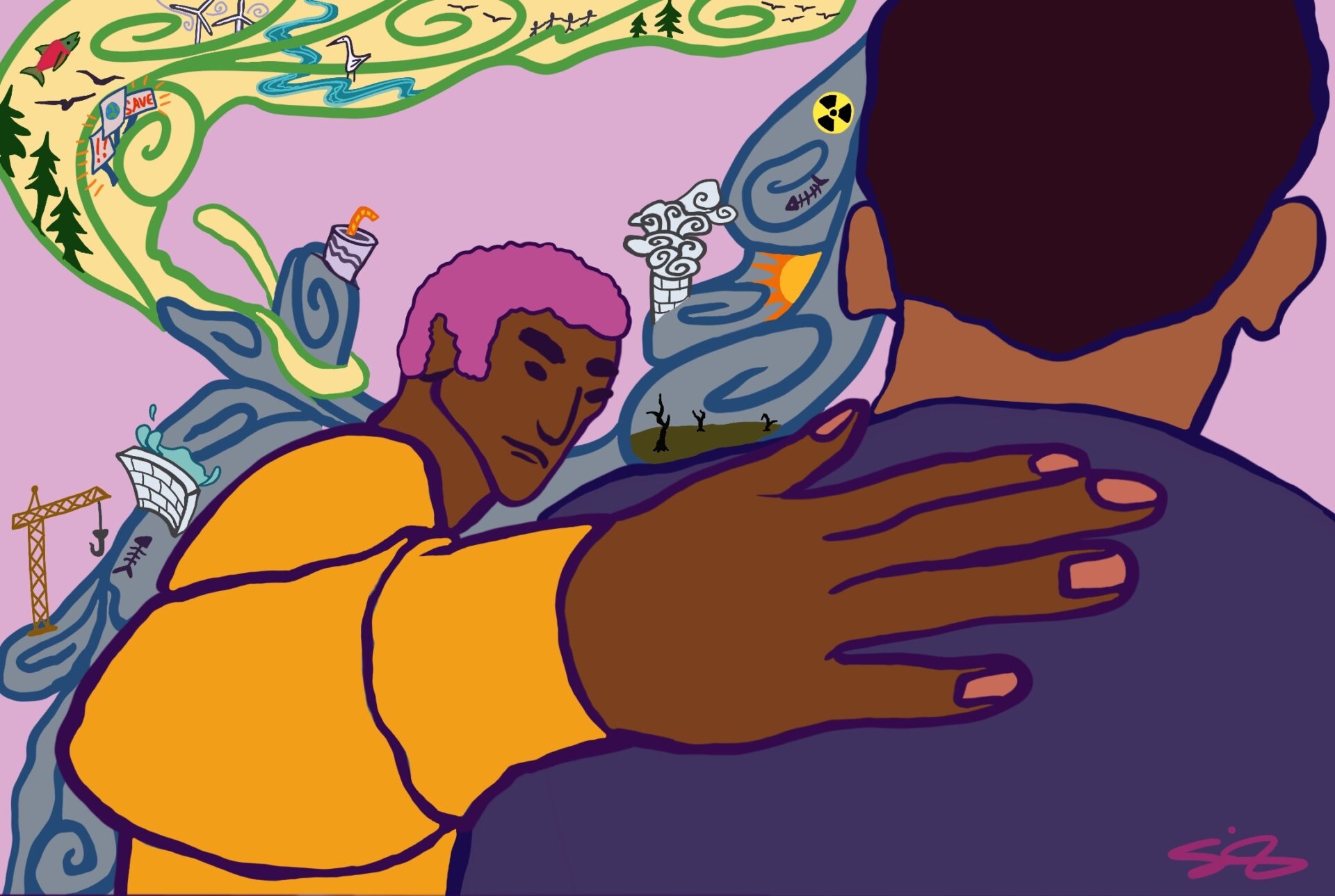 Illustration of one person comforting another. In the background, there's a swirl of climate catastrophes like fires, dams, and pollution, and another swirl with hopeful images: salmon, wind farms, and a healthy watershed.