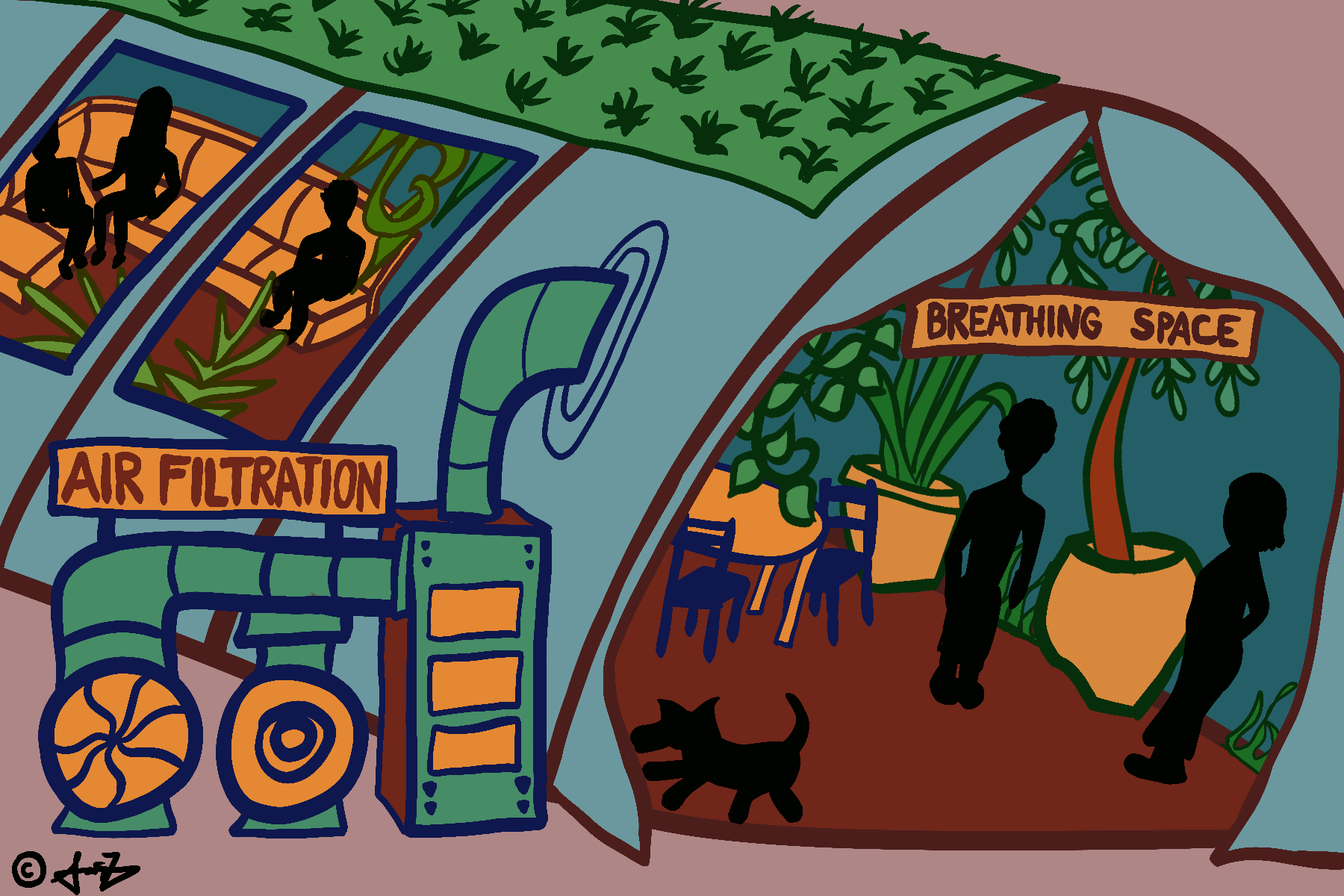 Drawing of a tent with green trees inside and people sitting at tables and chairs, and an air purifier connected to the outside.